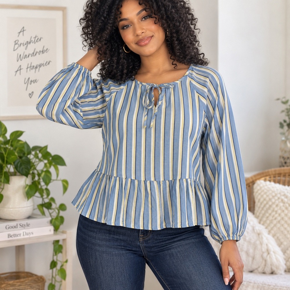 NWT Blue Striped Peasant Blouse Tie Neck Peplum Long Sleeve Size S